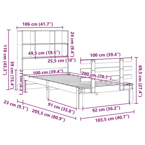 Seng med reol 100x200 cm - massivt fyrretræ, gyldenbrun (uden madras)