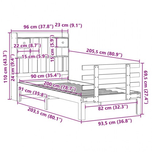Seng med reol 90x200 cm i massivt fyrretræ - uden madras
