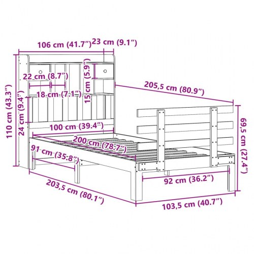 Seng med reol uden madras 100x200 cm - massivt fyrretræ