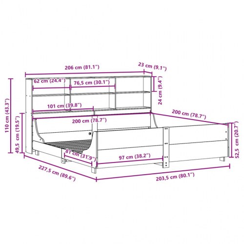 Seng med reol uden madras 200x200 cm massivt træ