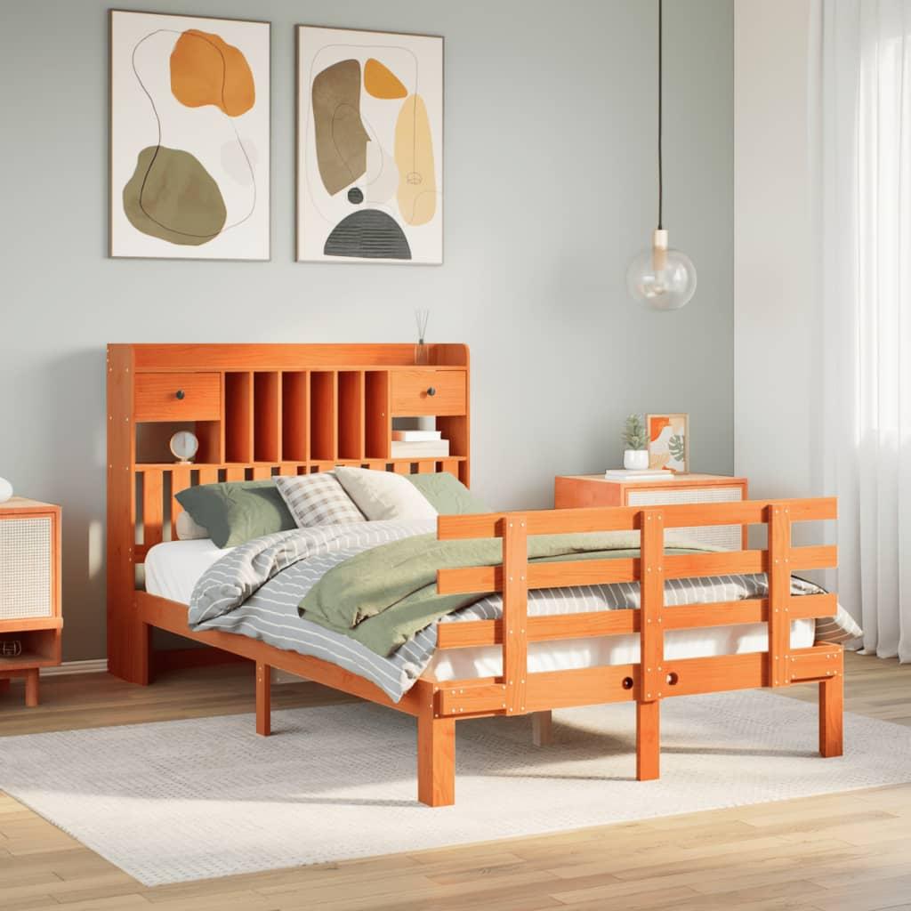 Seng med reol uden madras 135x190cm massivt fyrretræ gyldenbrun