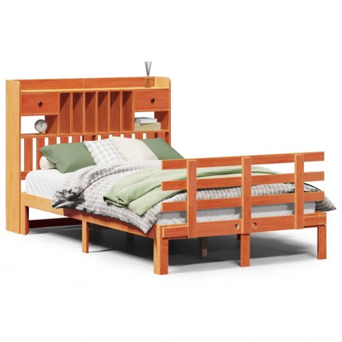 Seng med reol uden madras 135x190cm massivt fyrretræ gyldenbrun
