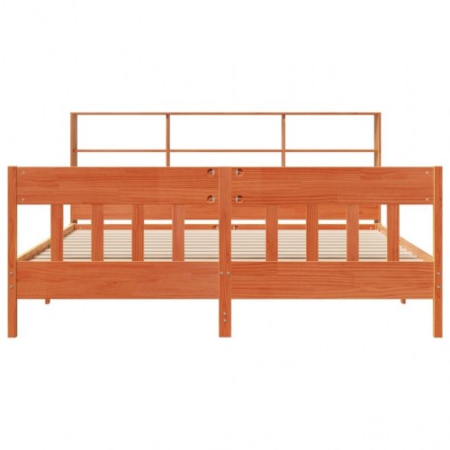 Sengeramme med hylde-sengegavl 200x200 cm - massivt fyr, gyldenbrun