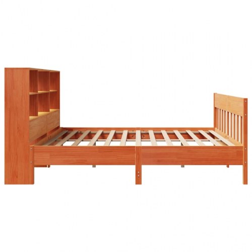 Sengeramme med hylde-sengegavl 200x200 cm - massivt fyr, gyldenbrun