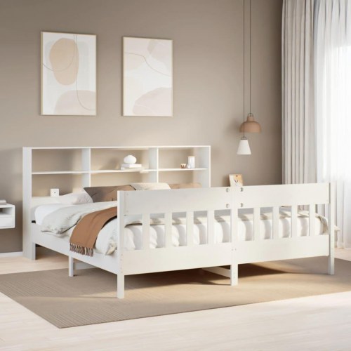 Sengeramme 180x200 cm i massivt fyrretræ - hvid med opbevaringshylder