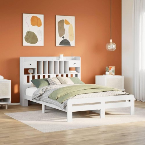 Seng med reol 150x200 cm - massivt fyrretræ, hvid (uden madras)