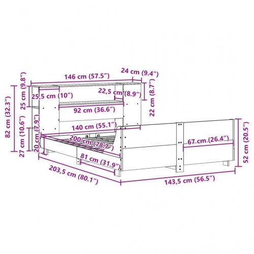 Sengeramme 140x200 cm med sengegavl og opbevaring - massivt fyrretræ, hvid