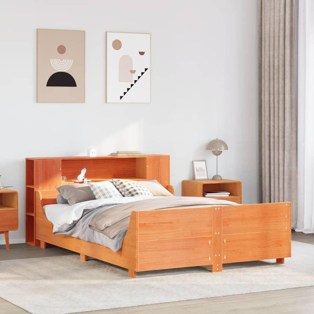 Sengeramme 140x190 cm i massivt fyrretræ - gyldenbrun med opbevaringsgavl
