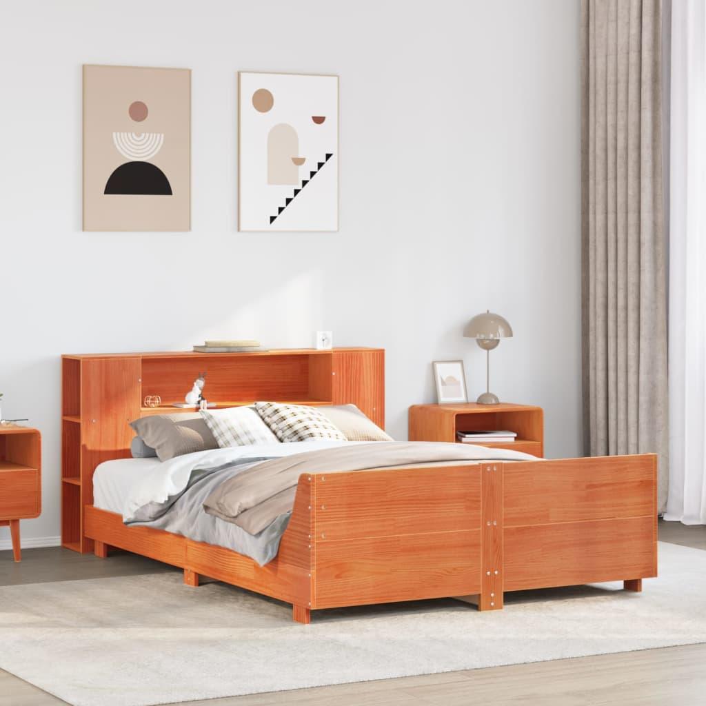 Sengeramme 140x190 cm i massivt fyrretræ - gyldenbrun med opbevaringsgavl