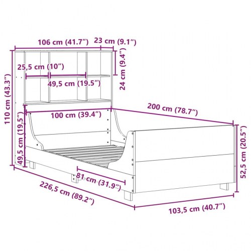 Seng med reol uden madras 100x200 cm massivt træ