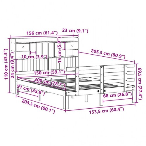 Seng med reol 150x200 cm - massivt fyrretræ, hvid