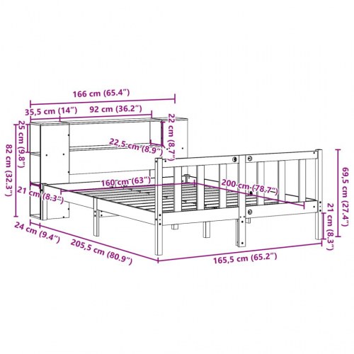 Dobbeltseng med reol 160x200 cm - massivt fyrretræ, lamelbund