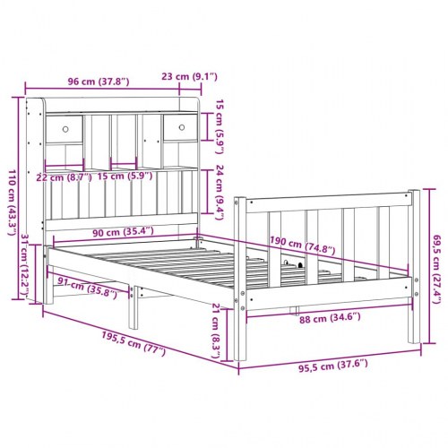 Seng med reol 90x190 cm i massivt fyrretræ hvid