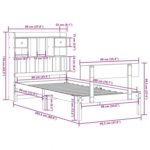 Seng med reol 90x200 cm - massivt fyrretræ, hvid