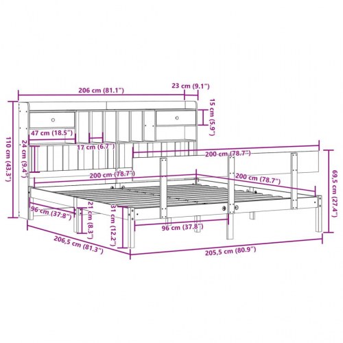 Seng med reol uden madras 200x200 cm massivt fyrretræ hvid