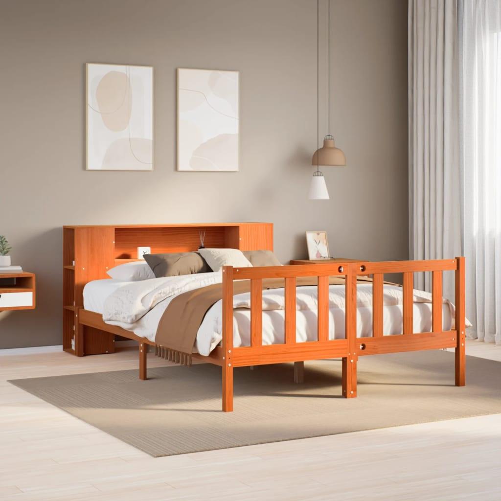 Seng med bogreol uden madras 135 x 190 cm i massivt fyrretræ, gyldenbrun