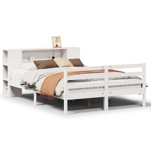 Seng med reol 135x190 cm - massivt fyrretræ, hvid