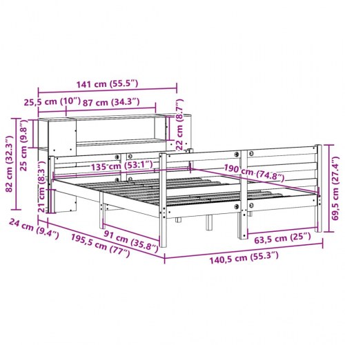 Seng med reol 135x190 cm - massivt fyrretræ, hvid
