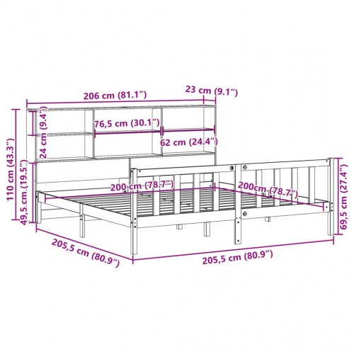 Seng med reol 200x200 cm i massivt fyrretræ - gyldenbrun