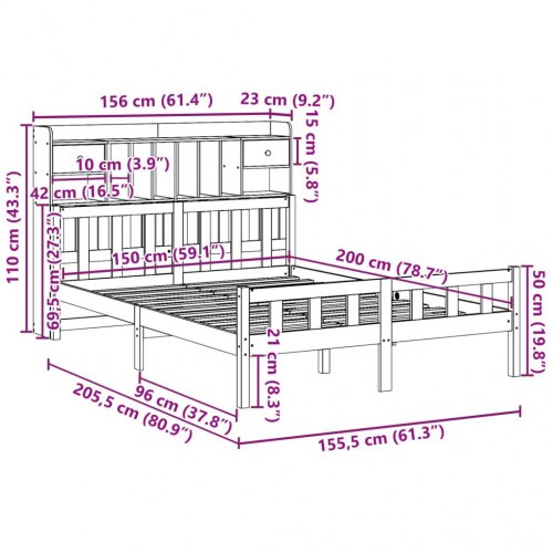 Seng med reol uden madras 150×200 cm - massivt fyrretræ, gyldenbrun