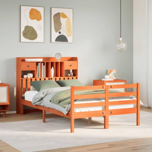 Seng med reol uden madras 120x190cm massivt fyrretræ gyldenbrun