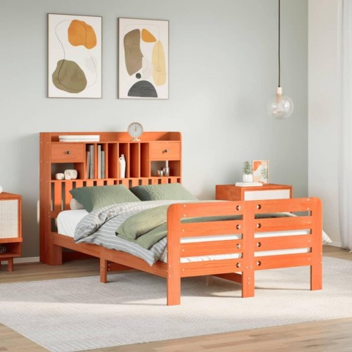 Seng med reol 135x190 cm - massivt fyrretræ, gyldenbrun