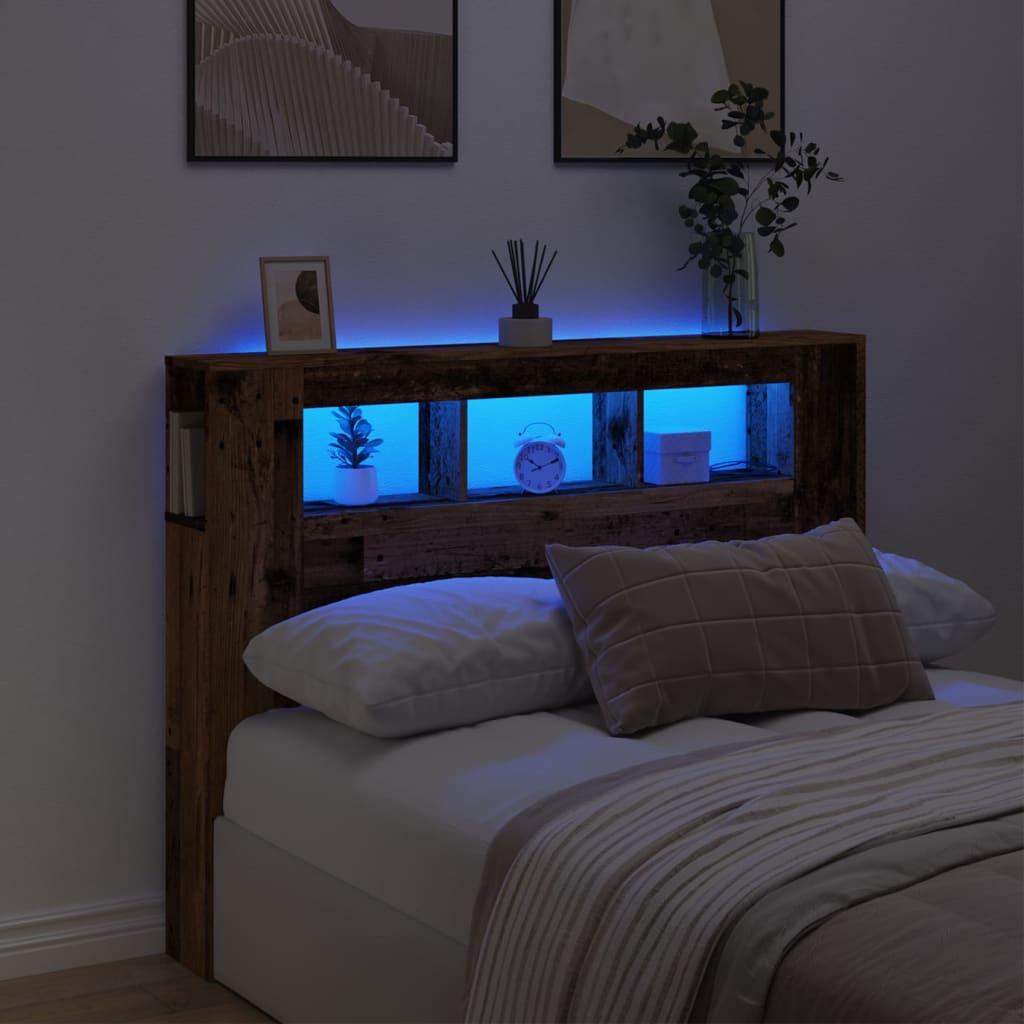 Sengegavl med LED 140x18,5x103,5 cm konstrueret træ antikt træ