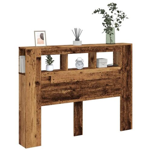 Sengegavl med LED 140x18,5x103,5 cm konstrueret træ antikt træ