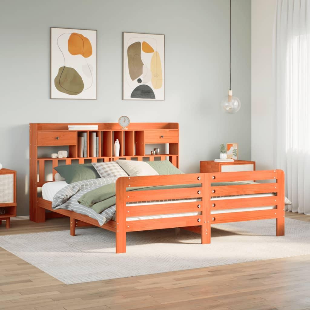 Seng med reol uden madras 200x200cm massivt fyrretræ gyldenbrun