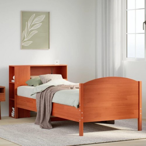 Seng med reol uden madras 100x200 cm - massivt fyrretræ, gyldenbrun