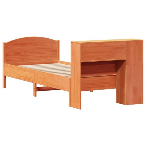 Seng med reol uden madras 100x200 cm - massivt fyrretræ, gyldenbrun