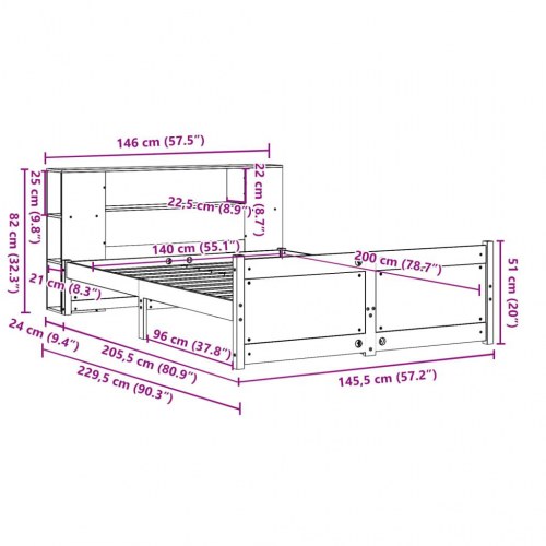 Seng med reol 140x200 cm - massivt fyrretræ, hvid