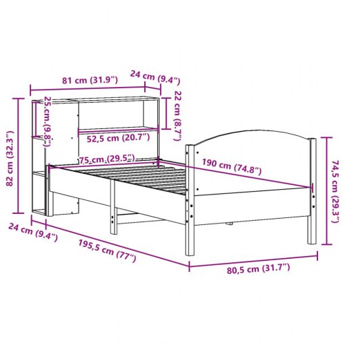 Seng med reol uden madras 75 x 190 cm - massivt fyrretræ
