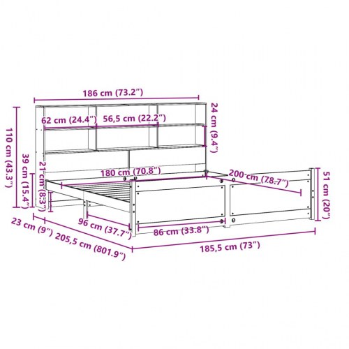 Seng med reol 180x200 cm - massivt fyrretræ, hvid