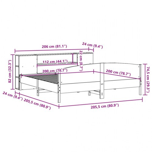 Seng med reol uden madras 200x200 cm massivt fyrretræ hvid