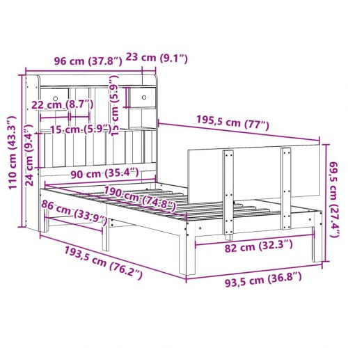 Seng med reol 90x190 cm i massivt fyrretræ hvid