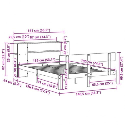 Seng med reol 135x190 cm - massivt fyrretræ, hvid (uden madras)