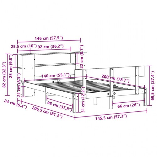 Seng med reol uden madras 140x200 cm massivt fyrretræ