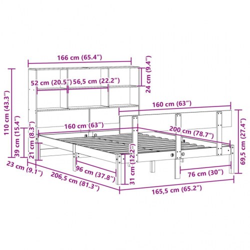 Seng med reol 160x200 cm - massivt fyrretræ, hvid