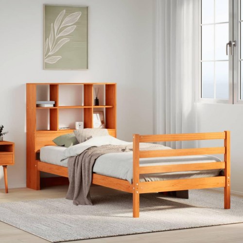 Seng med reol uden madras 90x200 cm massivt træ gyldenbrun