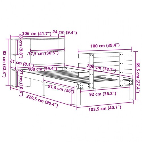 Seng med reol 100x200 cm - massivt fyrretræ, gyldenbrun (uden madras)