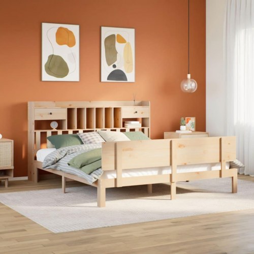 Seng med reol uden madras 200x200 cm massivt fyrretræ
