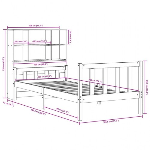Seng med reol uden madras 100x200 cm massivt fyrretræ