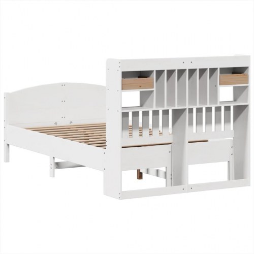 Seng med reol 135x190 cm - massivt fyrretræ, hvid