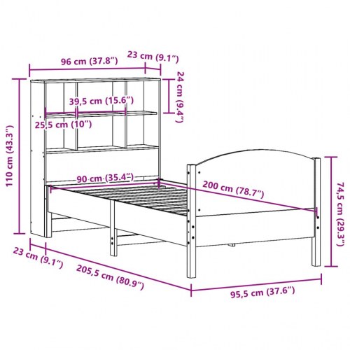 Seng med reol uden madras 90x200 cm massivt fyrretræ gyldenbrun