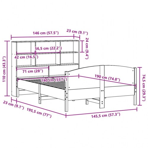 Seng med reol 140x190 cm - massivt fyrretræ, hvid