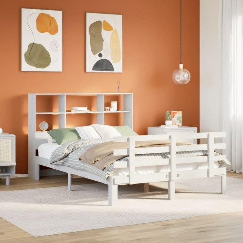 Seng med reol uden madras 120x200 cm massivt fyrretræ hvid