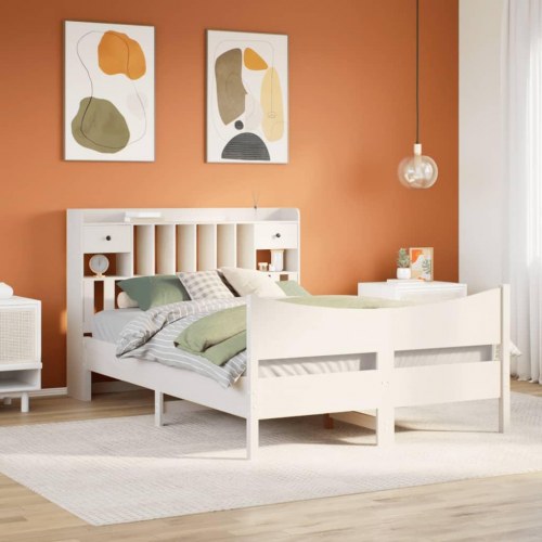 Sengeramme 140x190 cm i massivt fyrretræ - hvid med opbevaring