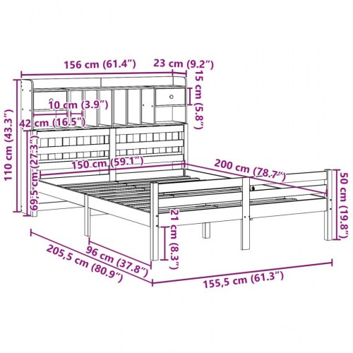 Seng med reol uden madras 150x200 cm - massivt fyrretræ, hvid
