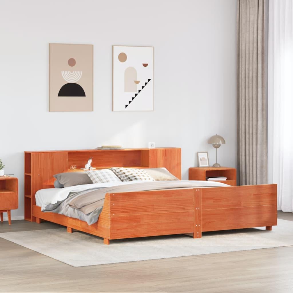 Sengeramme 180x200 cm i massivt fyrretræ med sengegavl og opbevaring - gyldenbrun